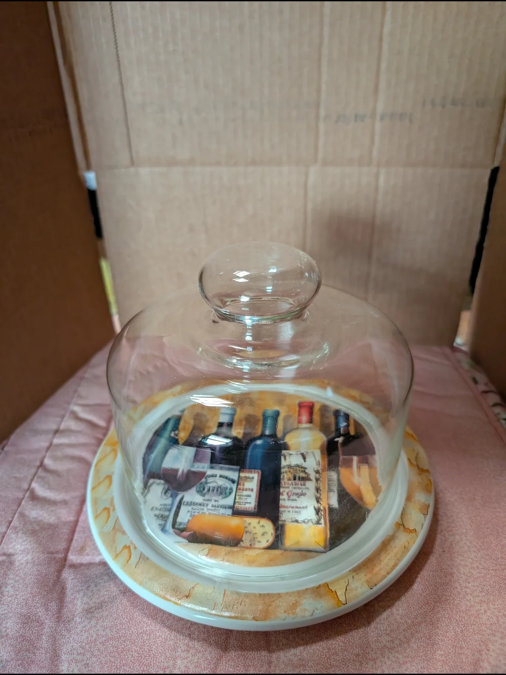 Clear Glass Dome Cake Stand with Wine Bottle Décor